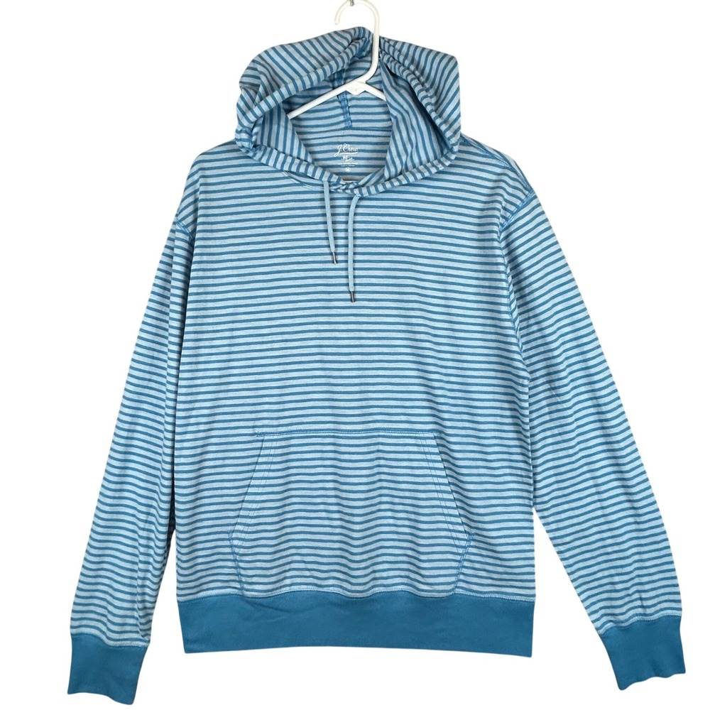 J.Crew Mens Medium Blue Striped Slub Cotton Knit Hoodie Pullover AL957 Soft NWT